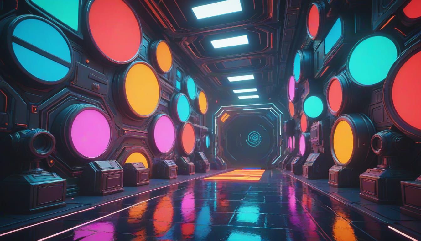 Ominous Retrofuturistic Hallway in Post-Impressionistic Styl...