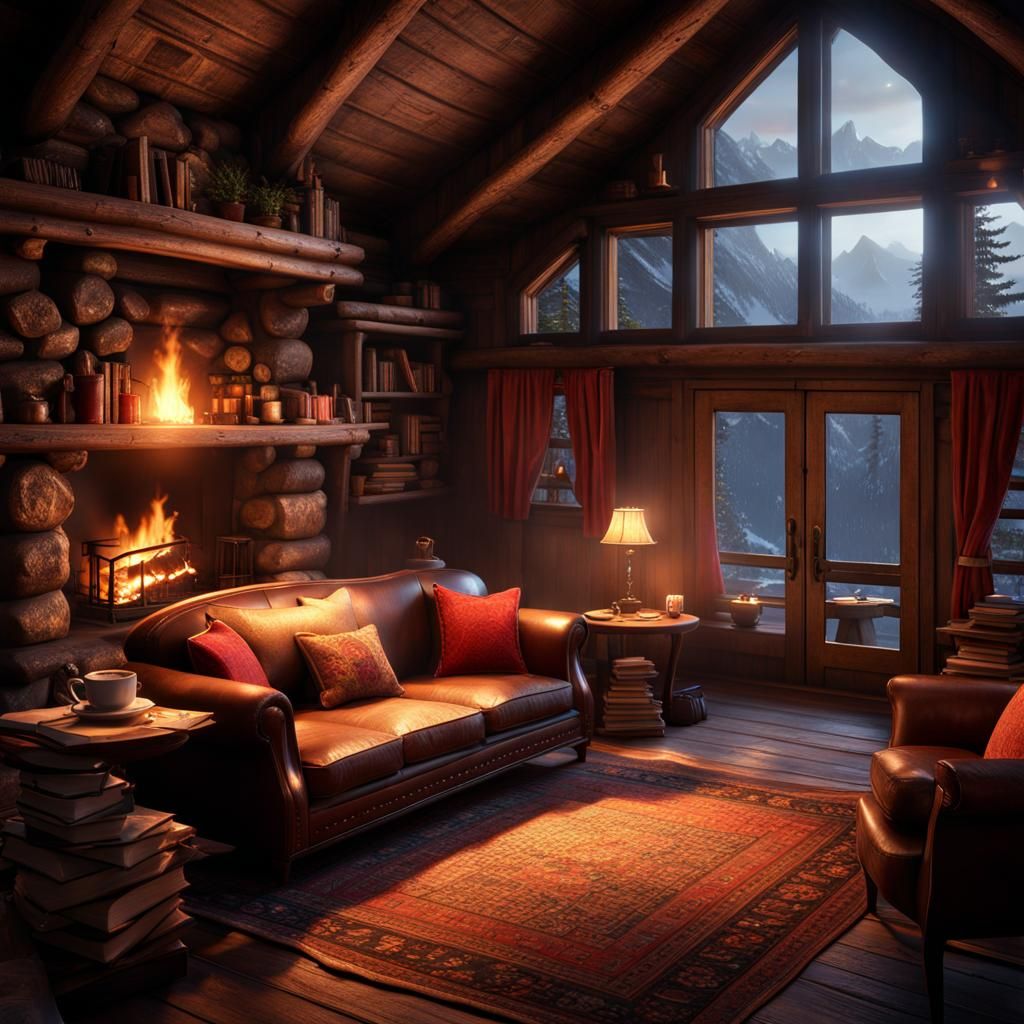 Cozy Cabin Interior with Fireplace in Detailed Matte Style