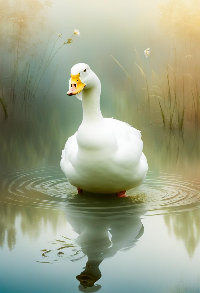 Surreal White Duck in Misty Lake as Impressionist Painting