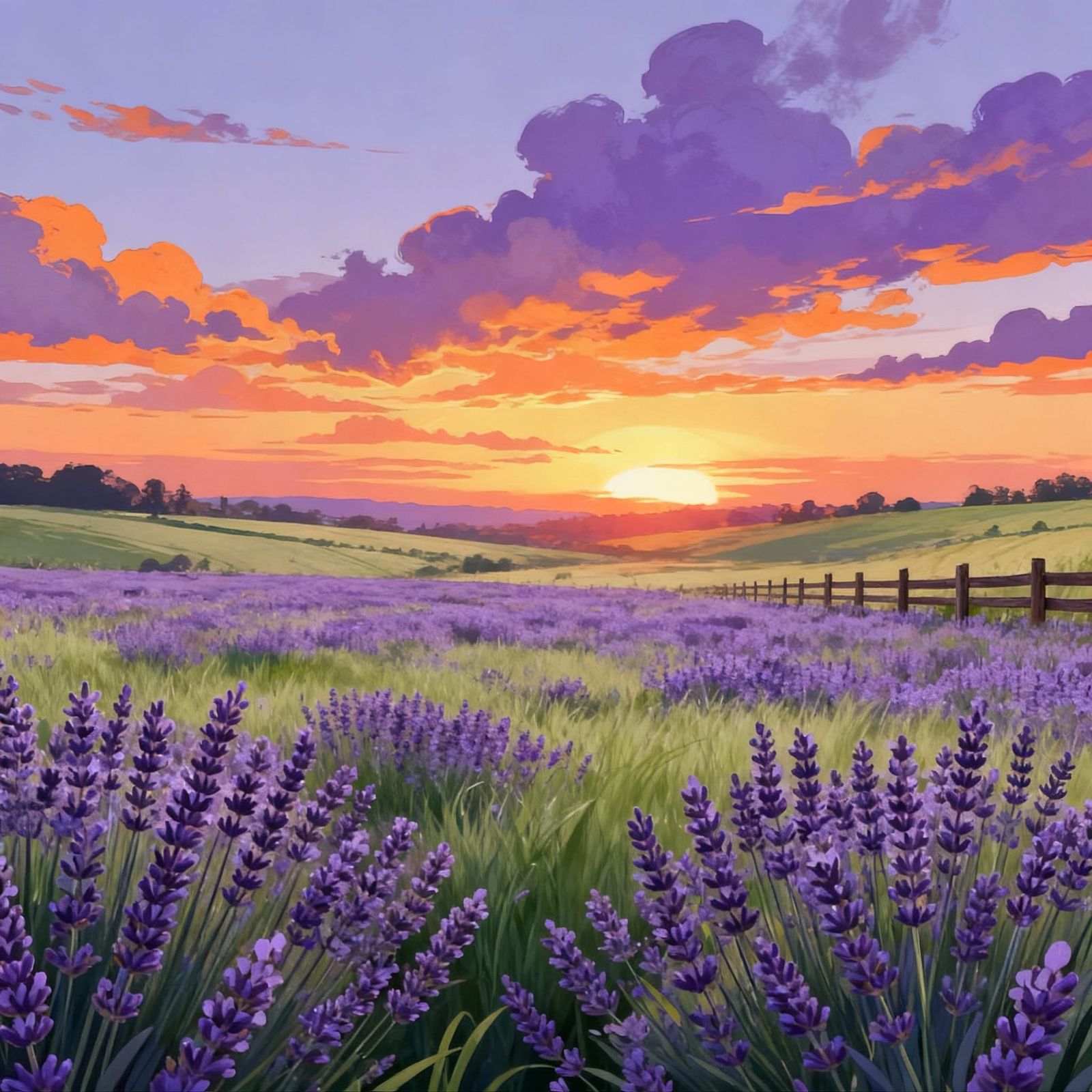 Lavender Meadow at Sunset on Hillside