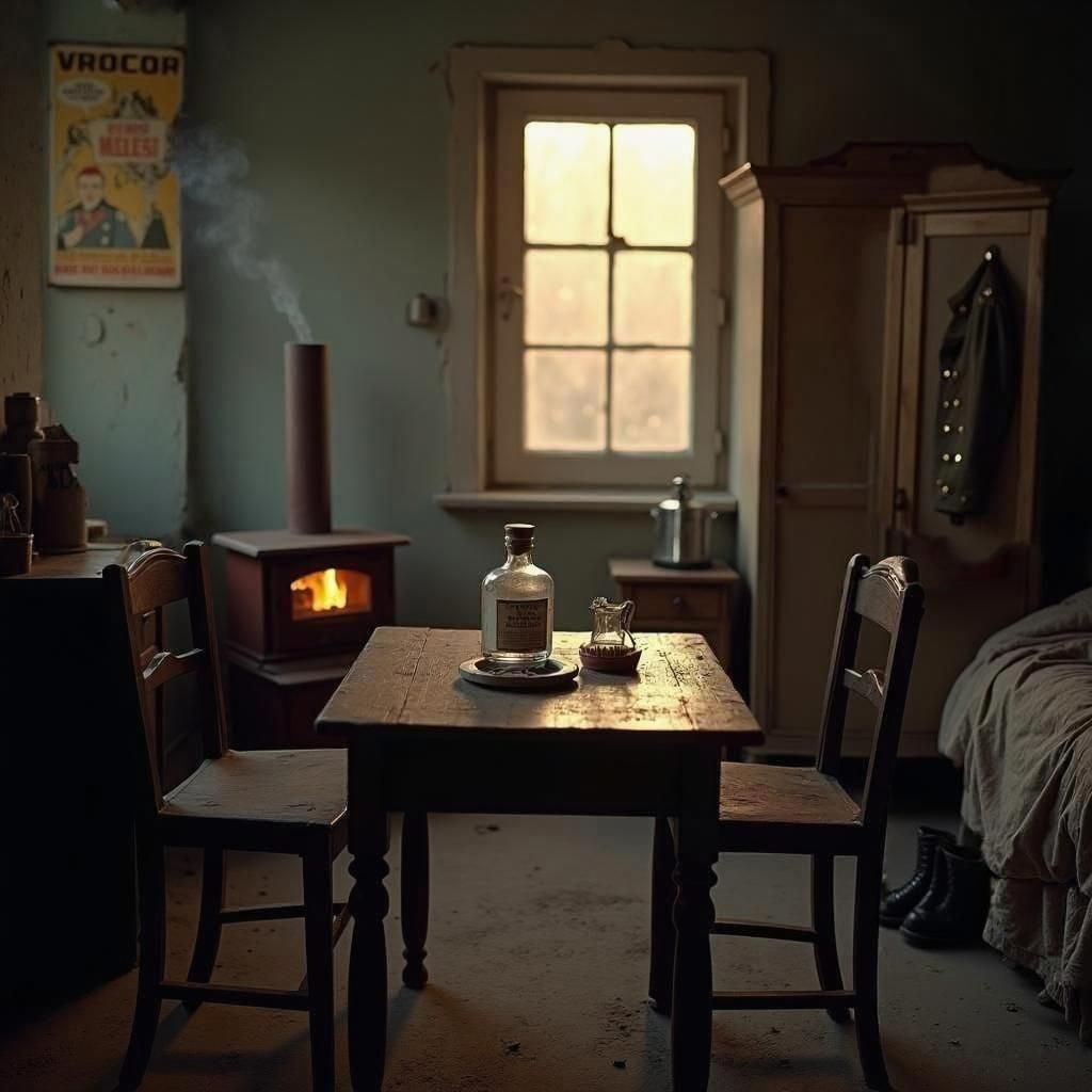 1940s Russian Officer's Bedroom: Cinematic Film Still