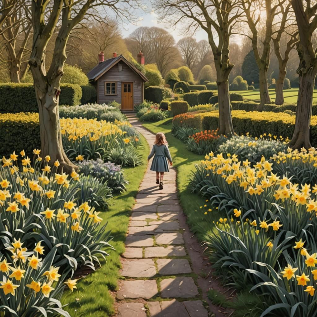 Girl Walks to Summerhouse with Daffodils