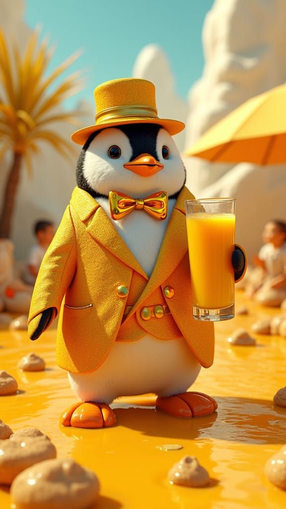 Penguin in Vibrant Pimp Suit Dispenses Mango Juice