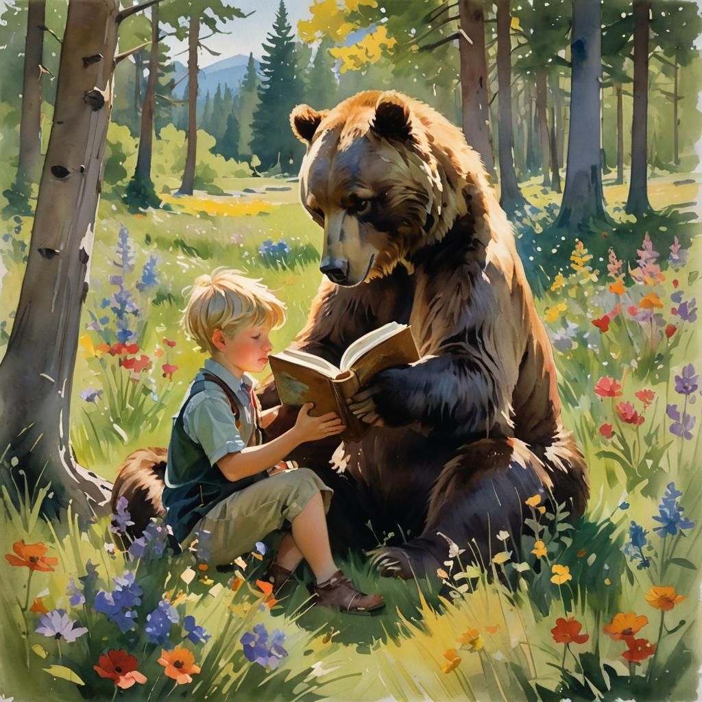 Boy and Bear Reading Book in Sunlit Meadow