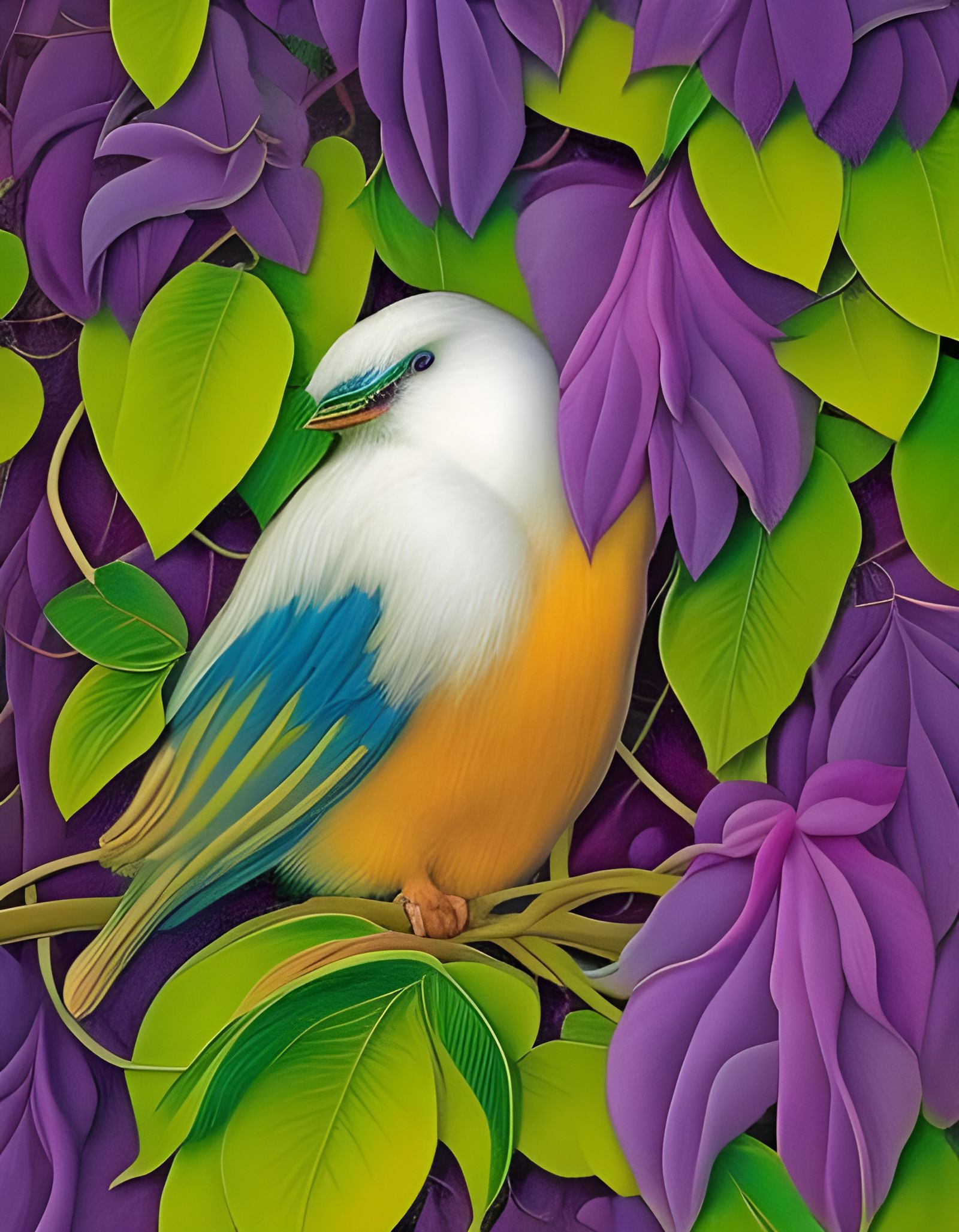 Fluffy Bird in Clematis Vines: Graffiti Art
