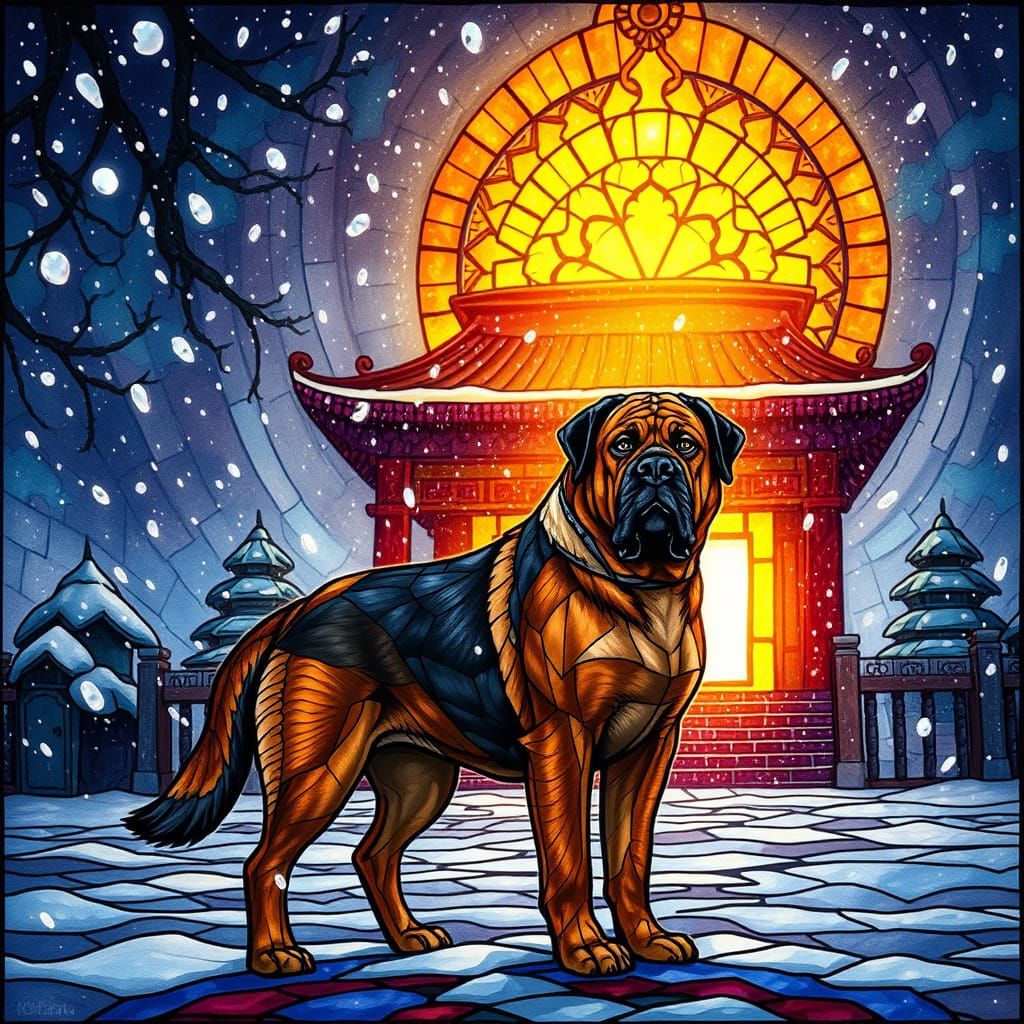Mongolian Mastiff in Snow at Temple, Stained Glass Art