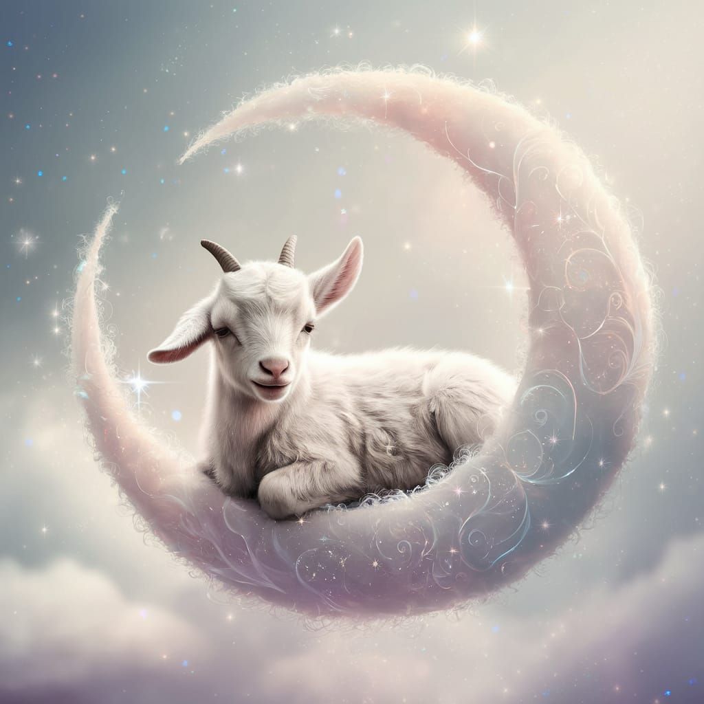 Baby Goat Rests on Crescent Moon in Starry Night Sky