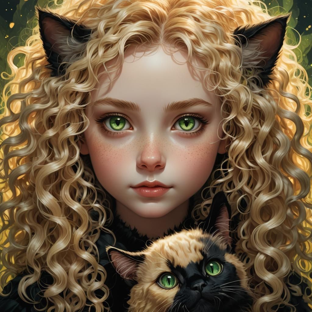 Girl Holding Giant Black Cat in Digital Painting