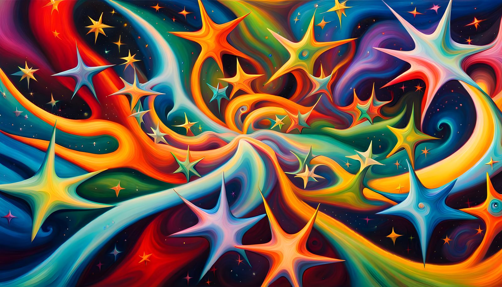 Iridescent Plasma Filaments Forming Stars as Oil Painting