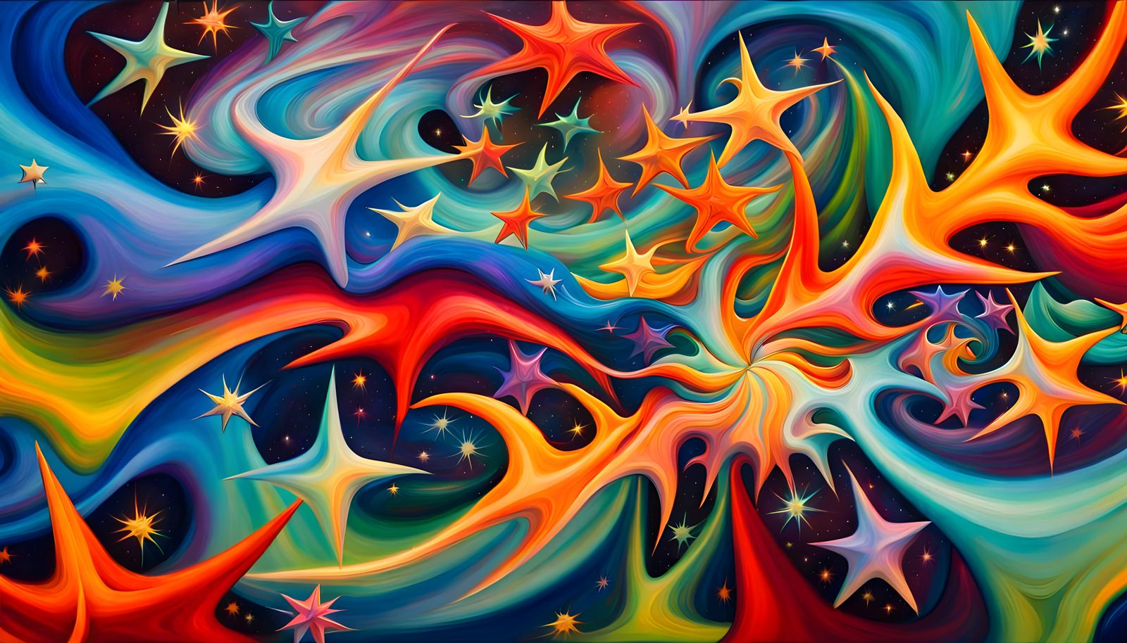 Iridescent Plasma Filaments in Cosmic Maelstrom: Oil Paintin...