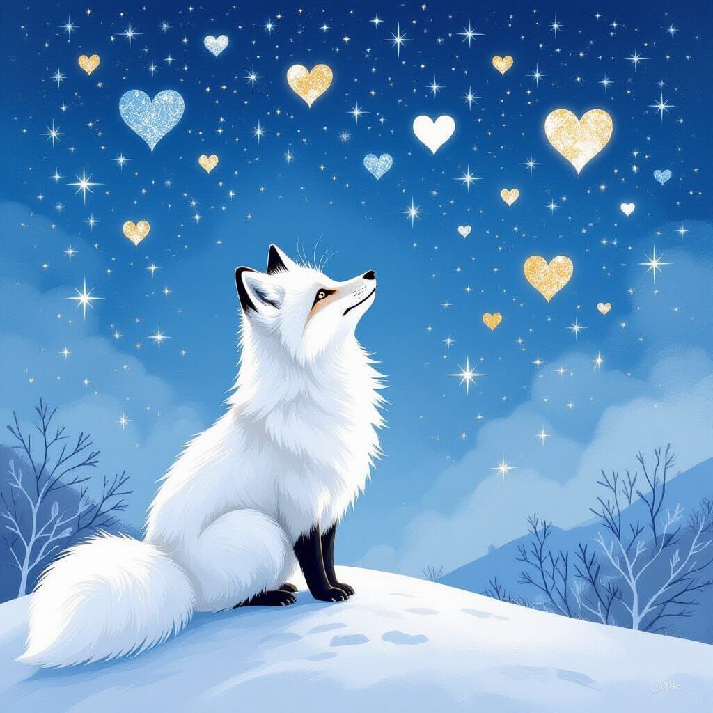 Arctic Fox Gazes at Heart Constellations, Watercolor Style