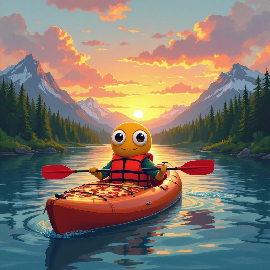 Pizza Kayaking Adventure in Digital Art Style