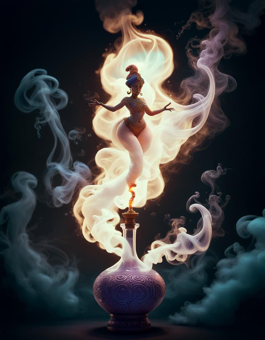 Genie Emerges from Bottle in Detailed 3D Rendering