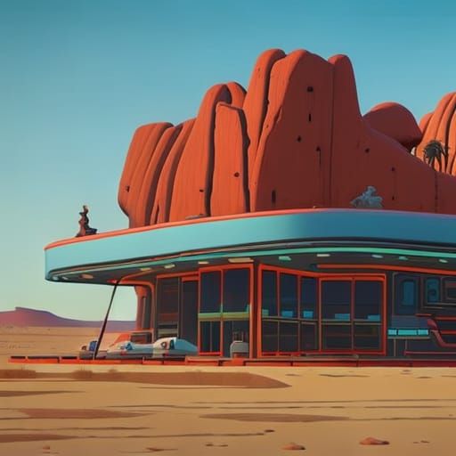 Desert Diner by Neon Light, Digital Painting