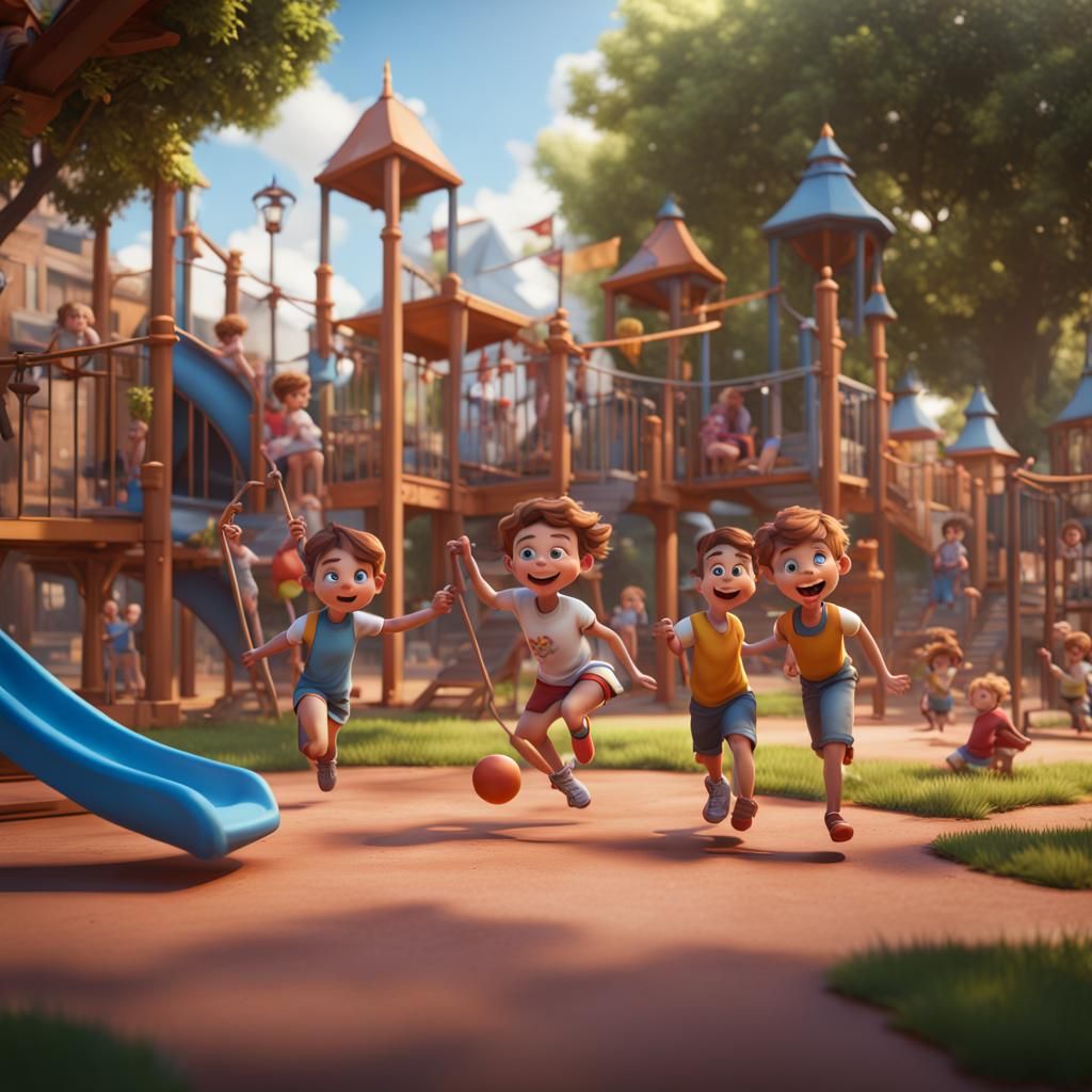 Joyful Children Playing: 3D Cartoon Playground Scene