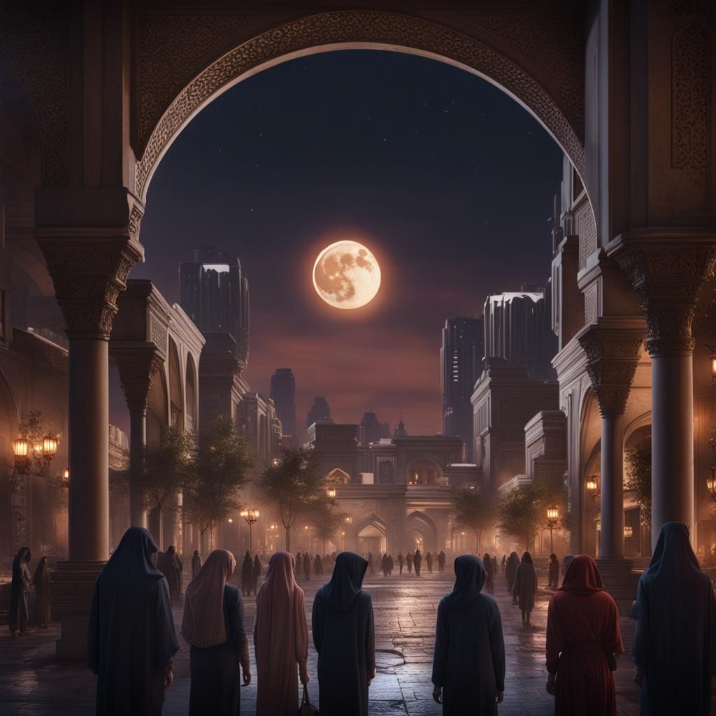 Modern Arabic City Gazing at Crescent Moon