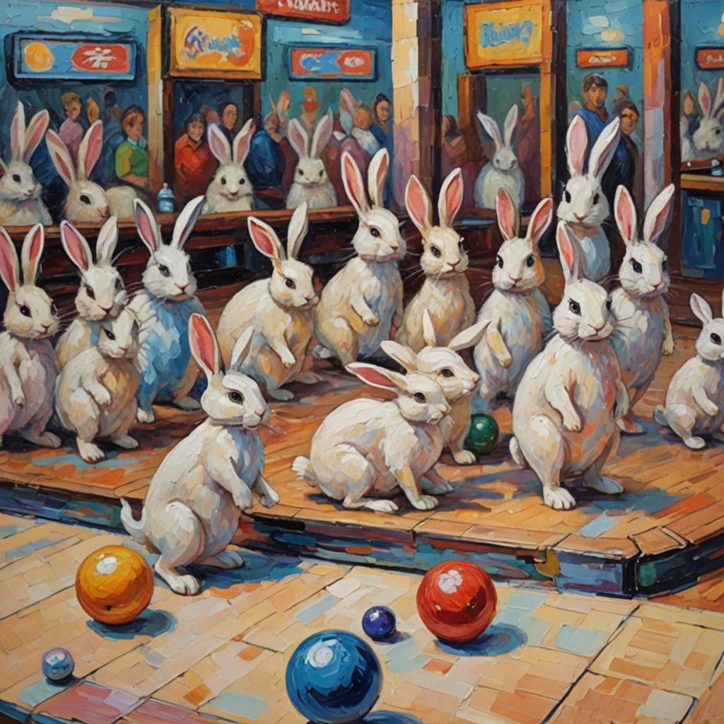 Bunnies Bowling: Neo-Impressionist Expressionist Oil Paintin...