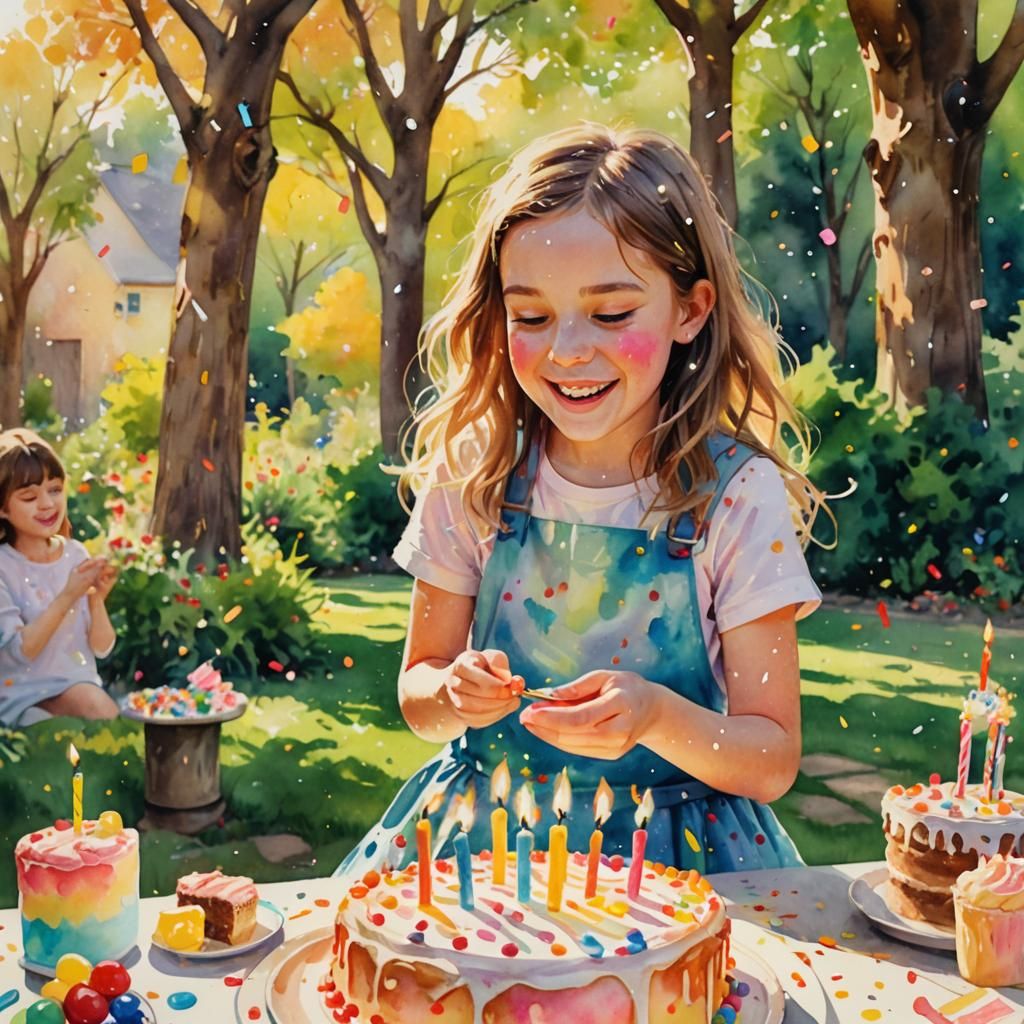 Girl's Sunny Birthday Celebration in Watercolor Style