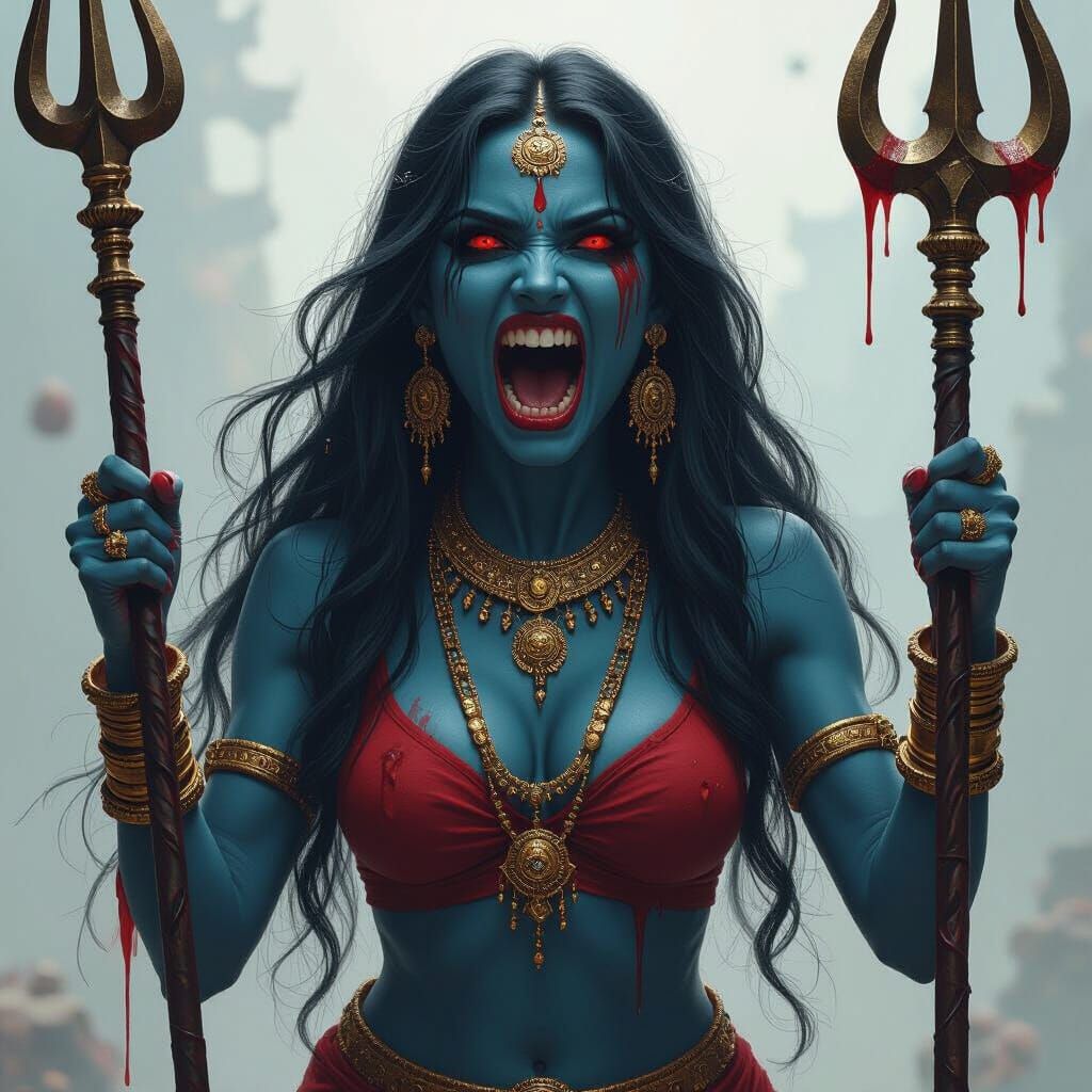 Indian Demon with Trident in Dark Fantasy Style