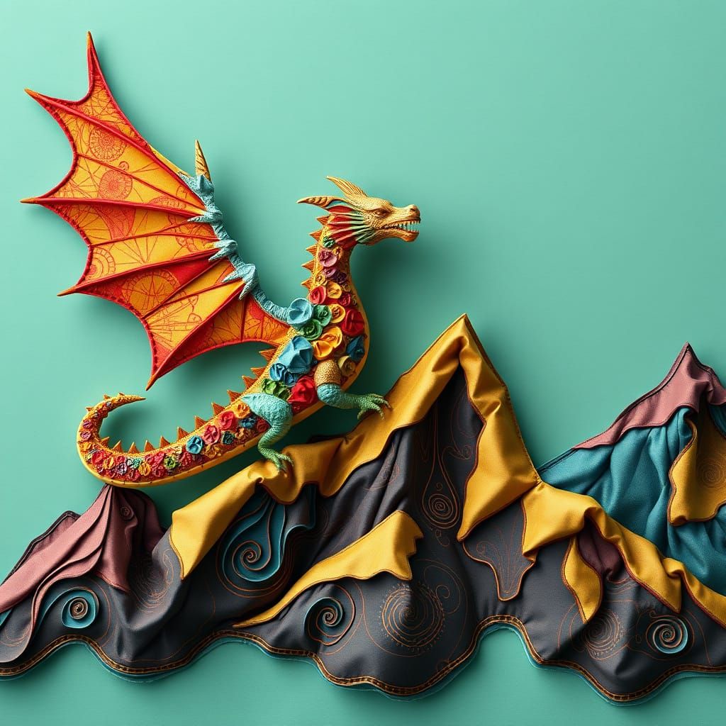 Vibrant Fabric Dragon Soars Over Textured Mountains