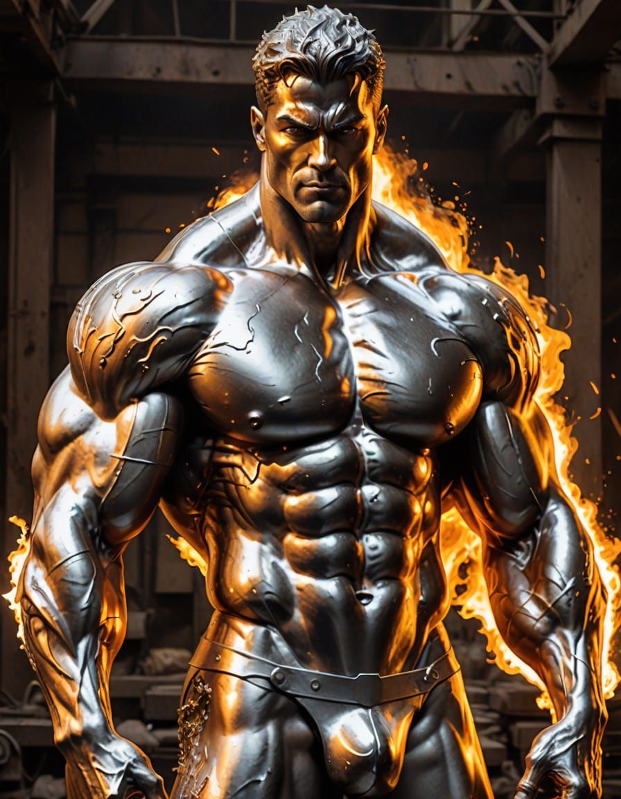 handsome muscular man made of molten metal