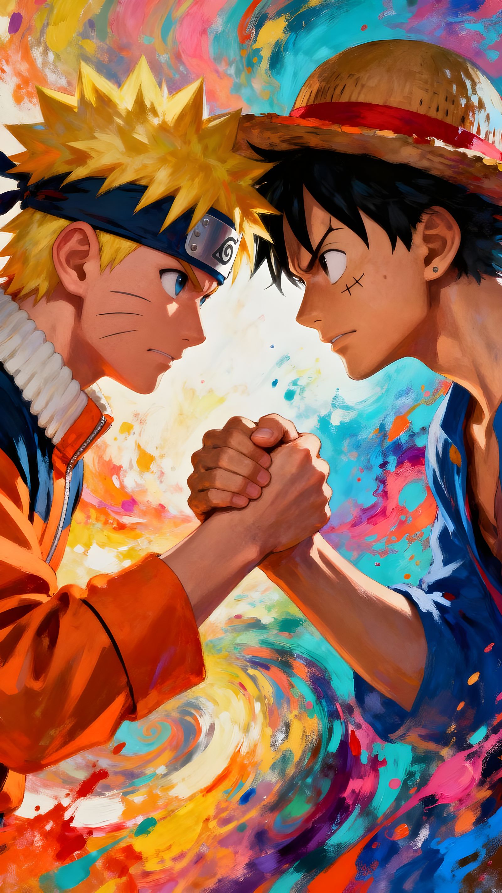 Naruto and Luffy Shaking Hands Hyperrealistic Splash Art