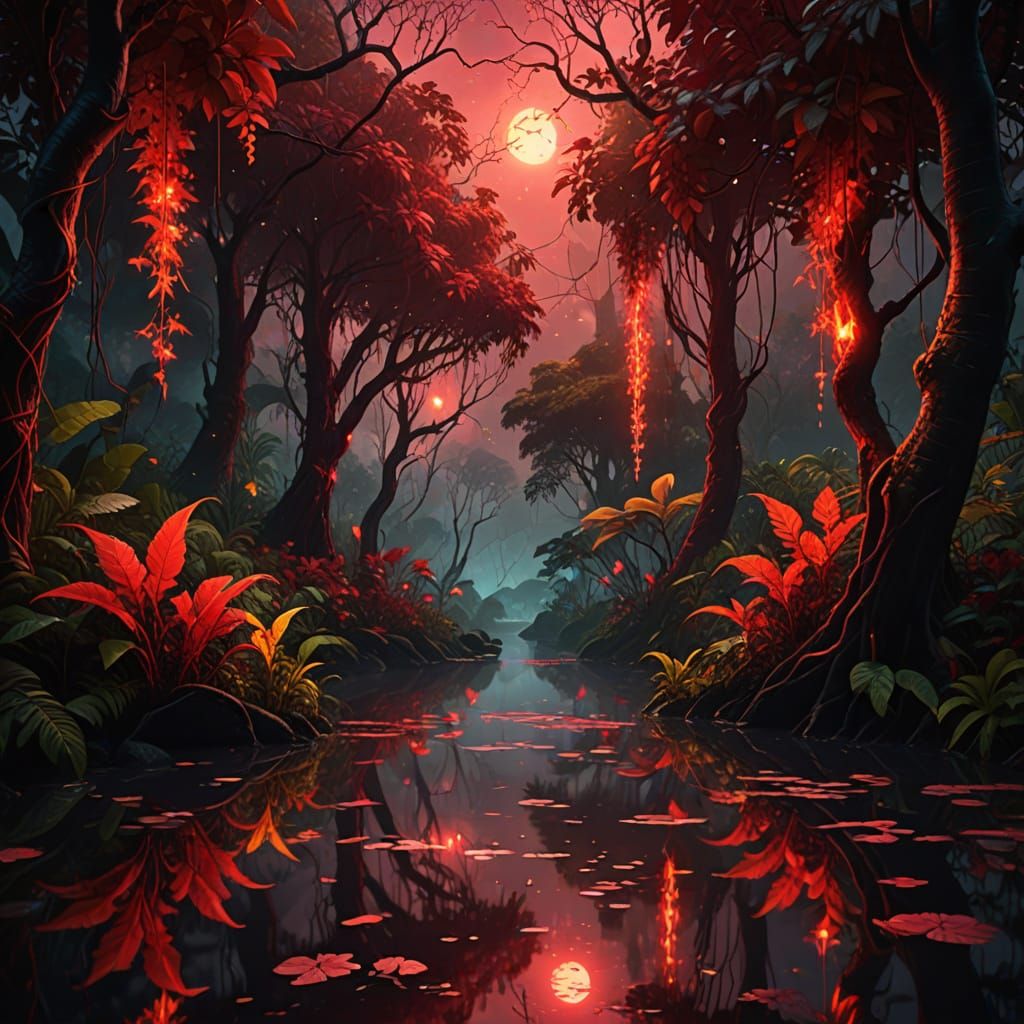 Lush Fire-Red Jungle in Digital Fantasy Art