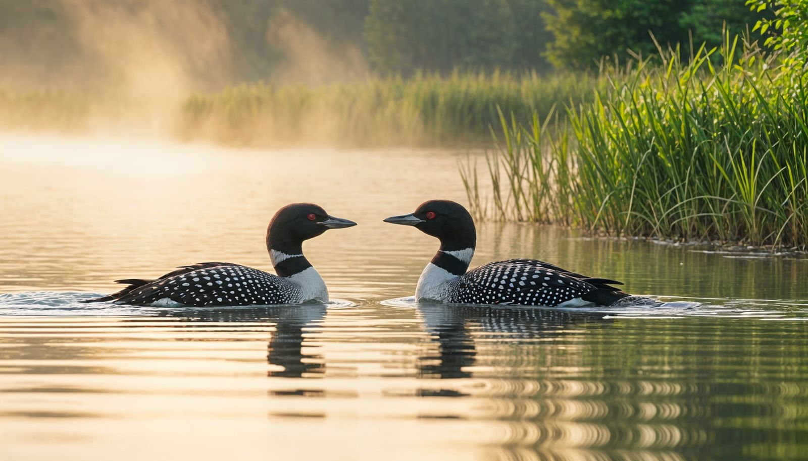 Loons Gliding on a Misty Lake at Dawn