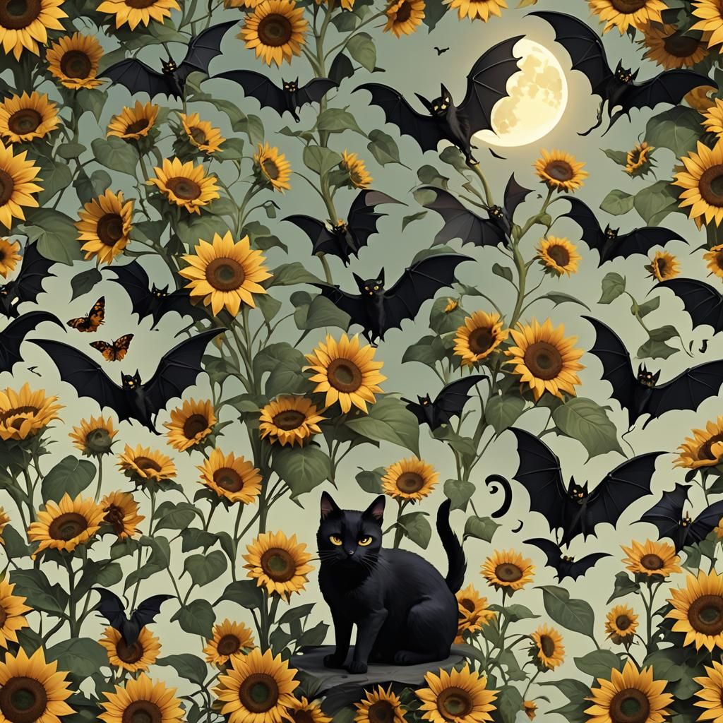 Black Cat with Bat Wings Under Moon