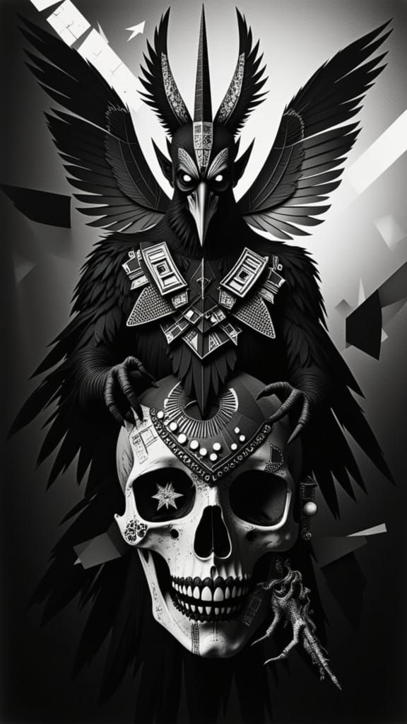 <lora:RaveN:1.0> A surrealist, avant-garde photogram of a stylized, geometric raven, inspired by the experimental compos...