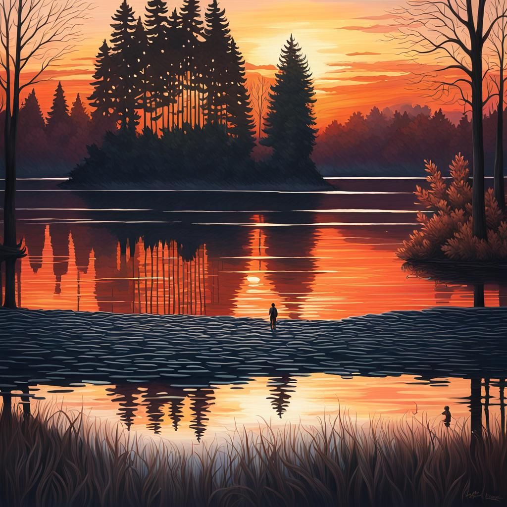 Lone Figure at Copper Sunset: Photorealistic Lake Scene