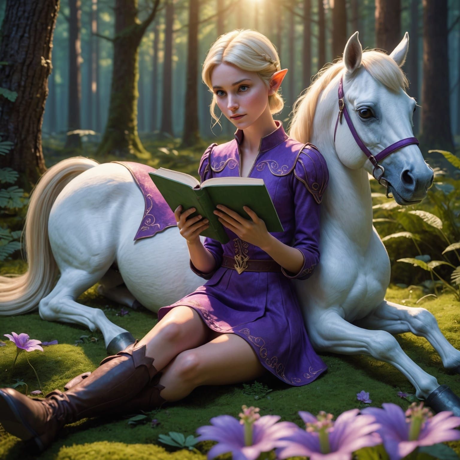 Elf Reads Book with Mustang: 3D Digital Art