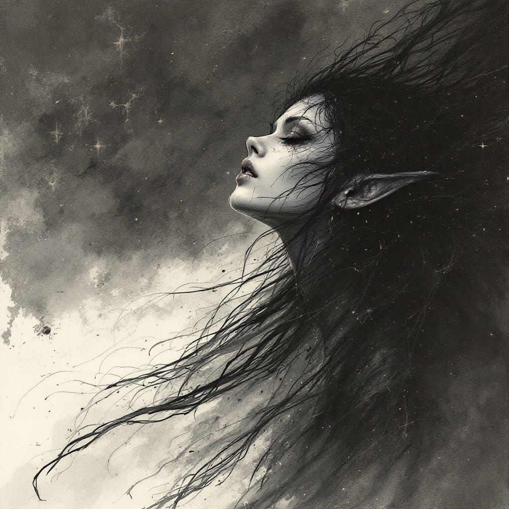 Ethereal Dark Elf Priestess in Mystical, Painterly Dark Land...