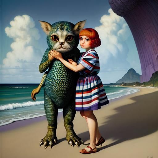 Girl Hugging Monster in Hyperrealistic Oil Painting