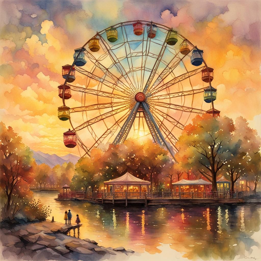 Warm and Dreamy Ferris Wheel Scene in Pastel Hues