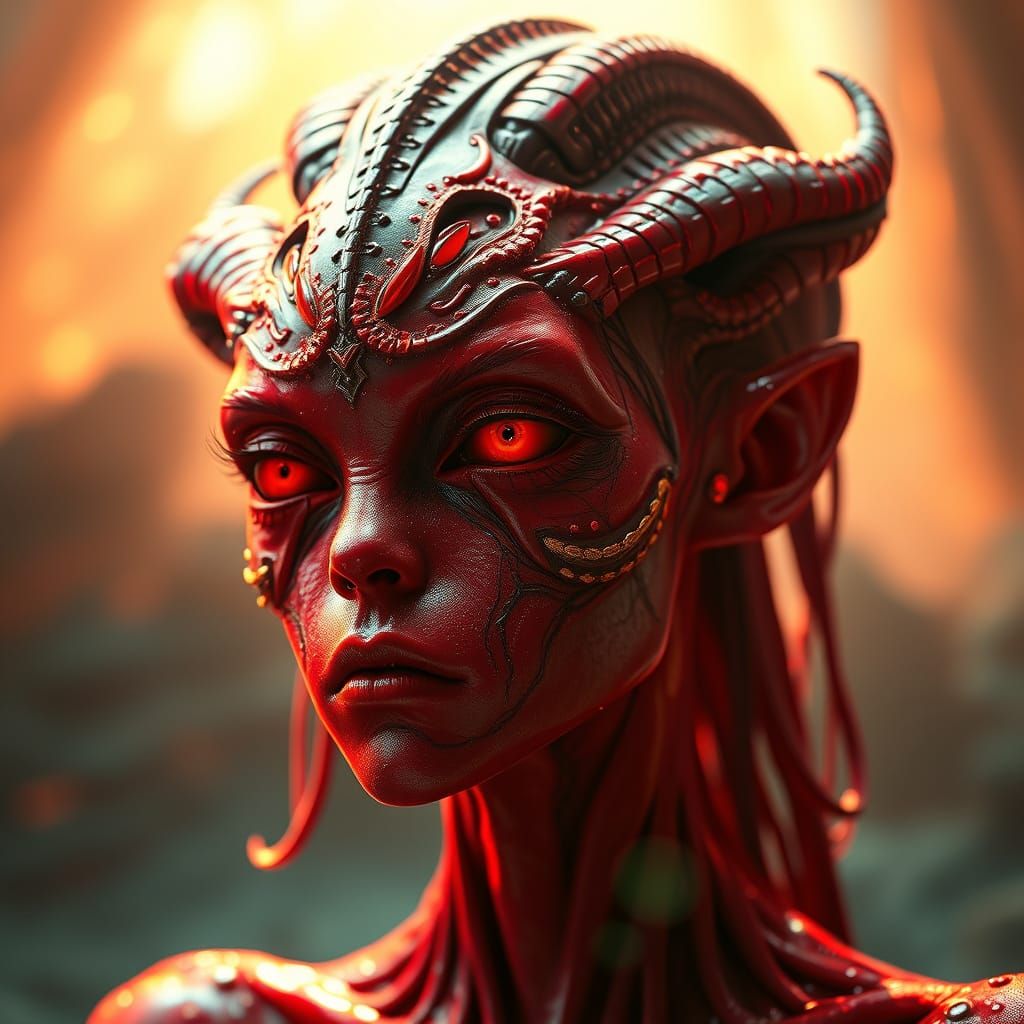 Crimson Alien Girl in Cinematic Digital Matte Painting