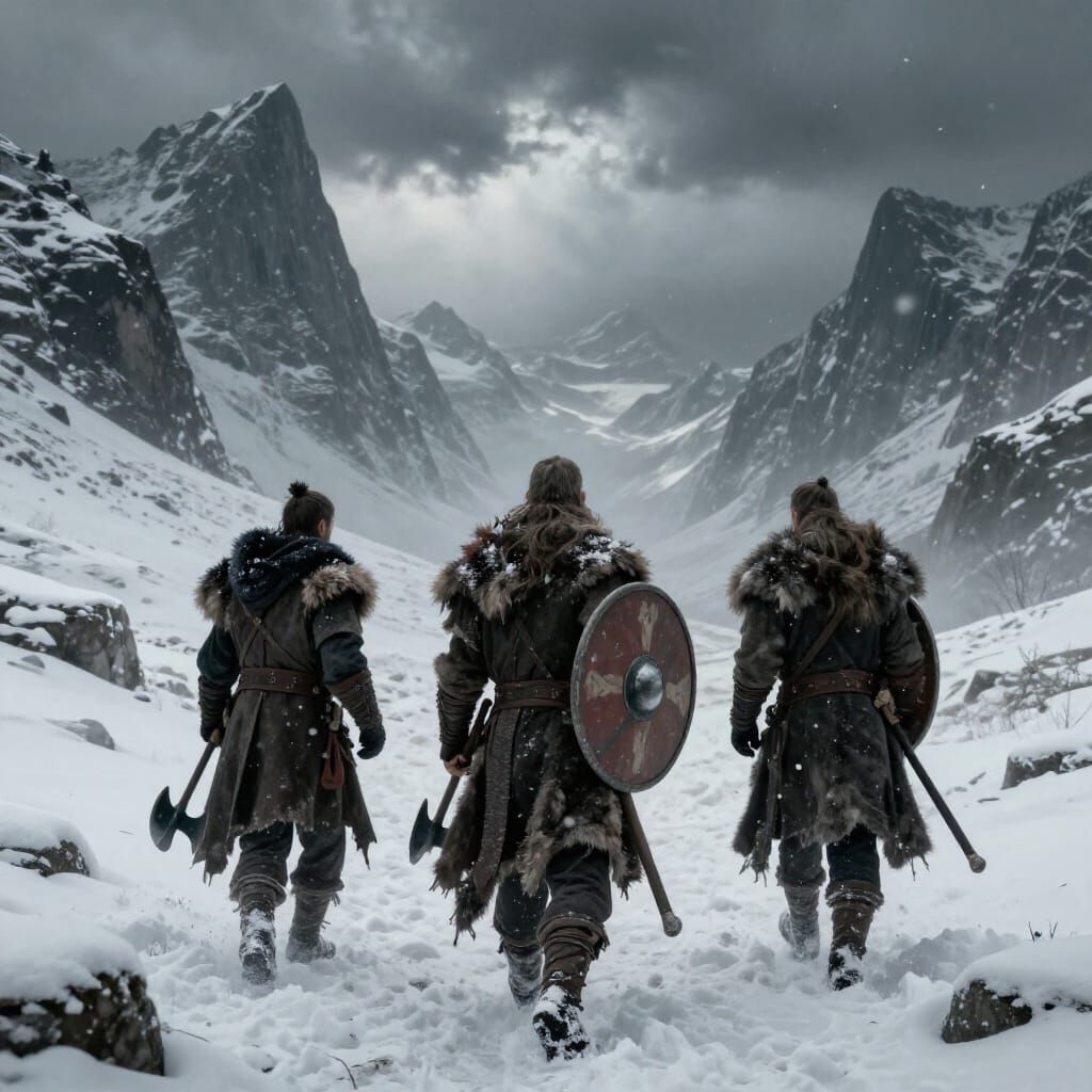 Viking Warriors March Through Snowy Mountain Pass