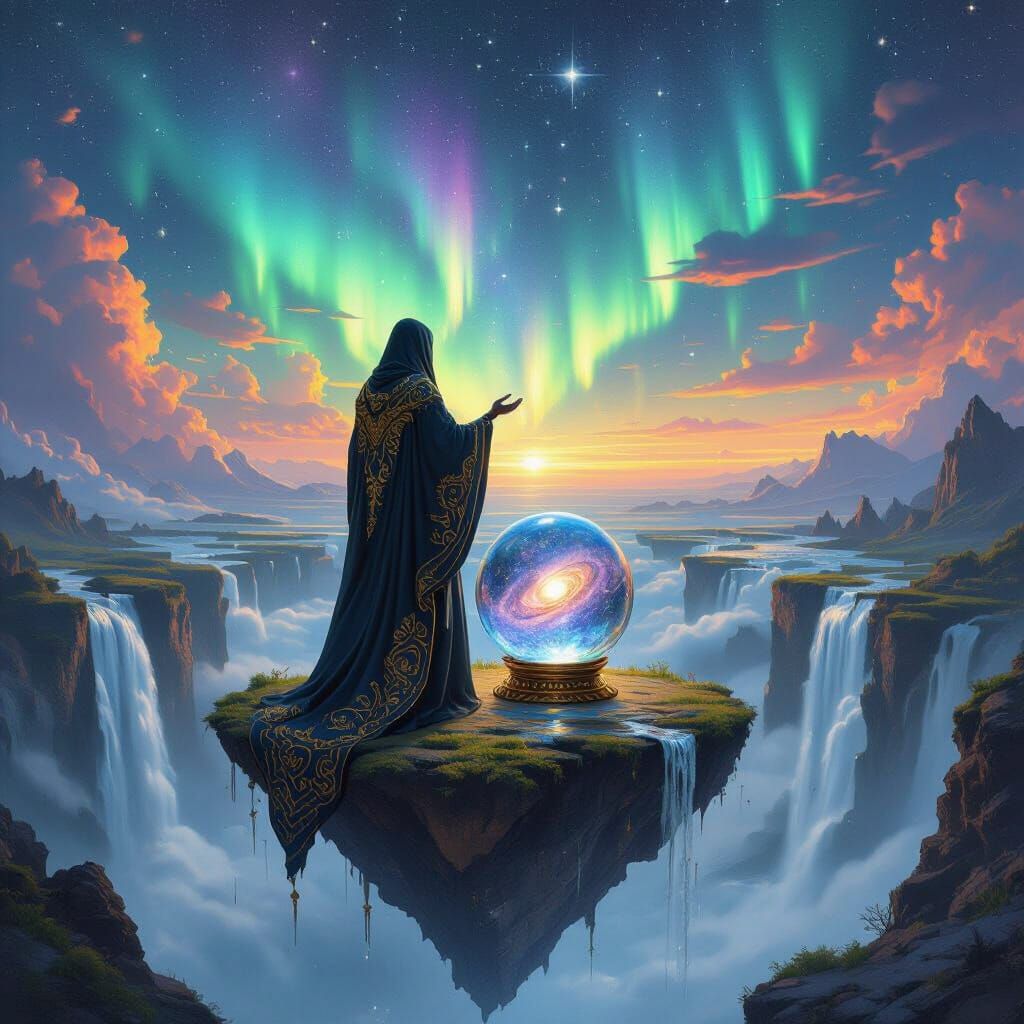 Surreal Dreamscape: Figure Contemplating Galaxy in Crystal O...