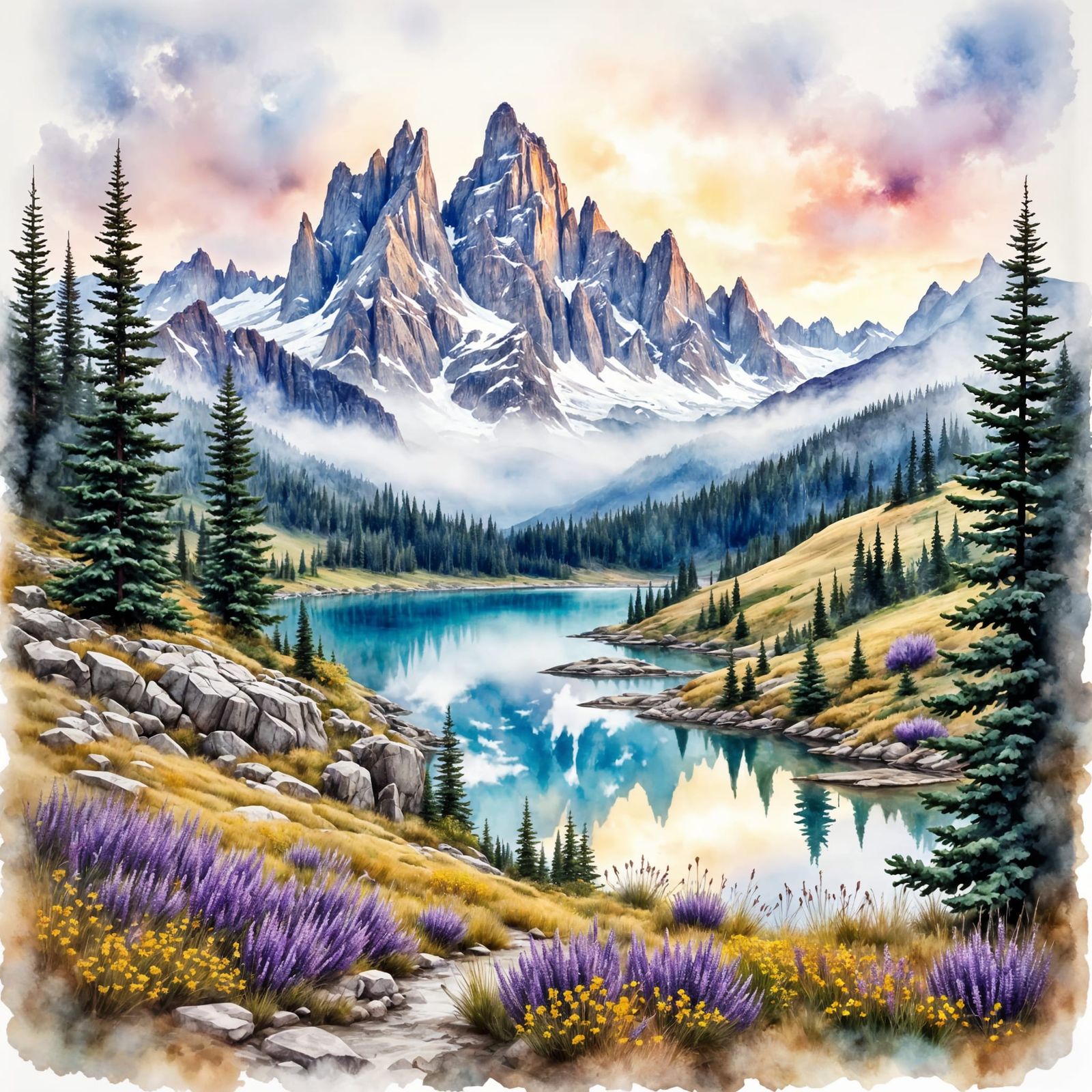 Surreal Watercolor Landscape with Majestic Mountains and Wil...