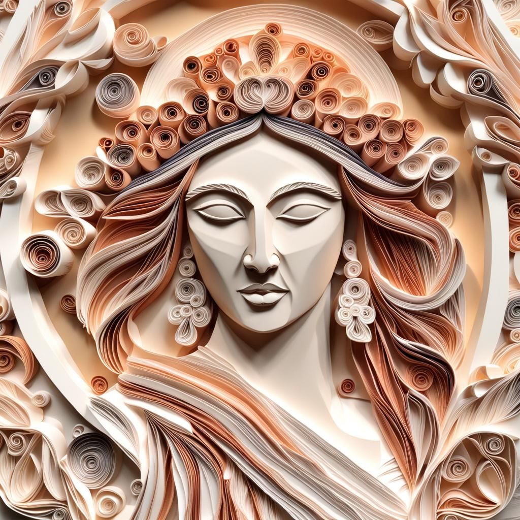 Grecian Goddess Portrait in Paper Quilling Bas Relief