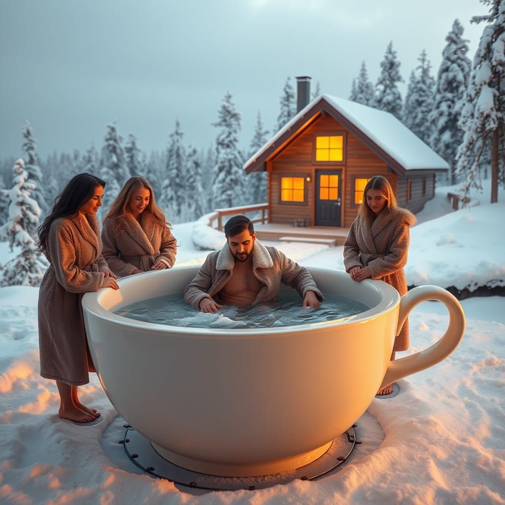 Man in Teacup Jacuzzi in Snowy Finland