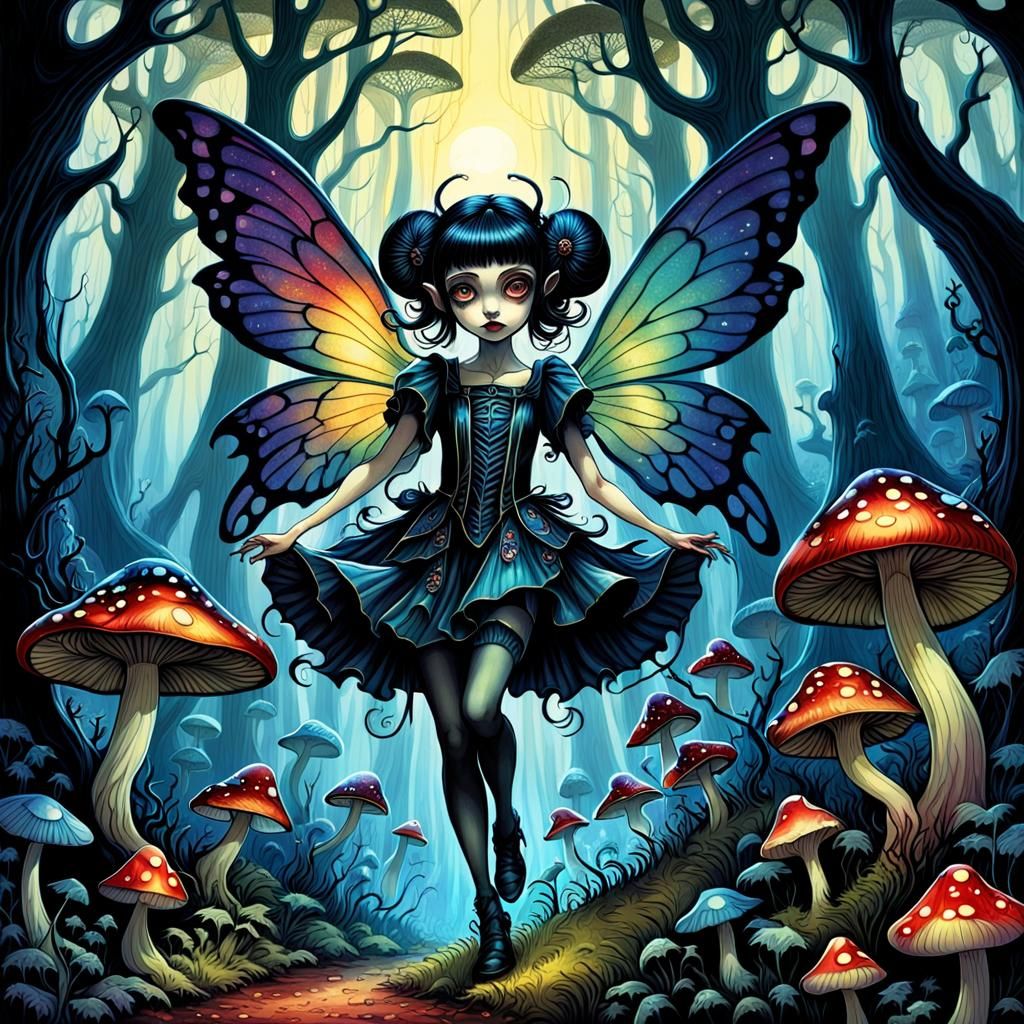 Goth Fairy Dancing in Mushroom Forest