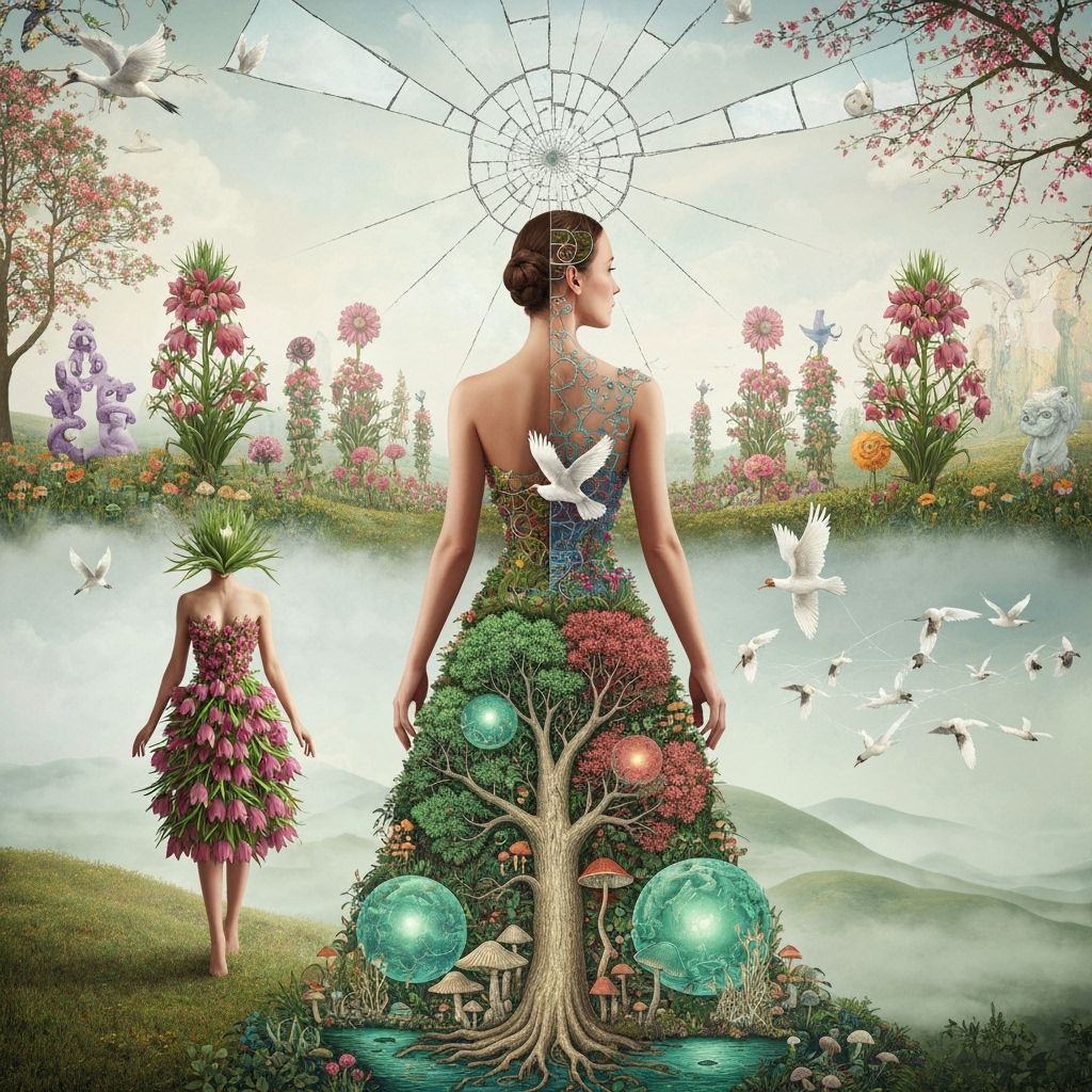 Woman in Fritillaria Dress in Surreal Landscape