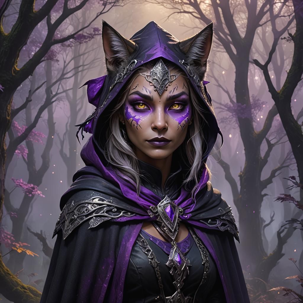 Female Tabaxi Witch in a Night Forest, Digital Painting