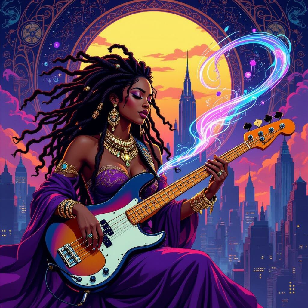 Afro-Latina Bassist in Cosmic Nebula