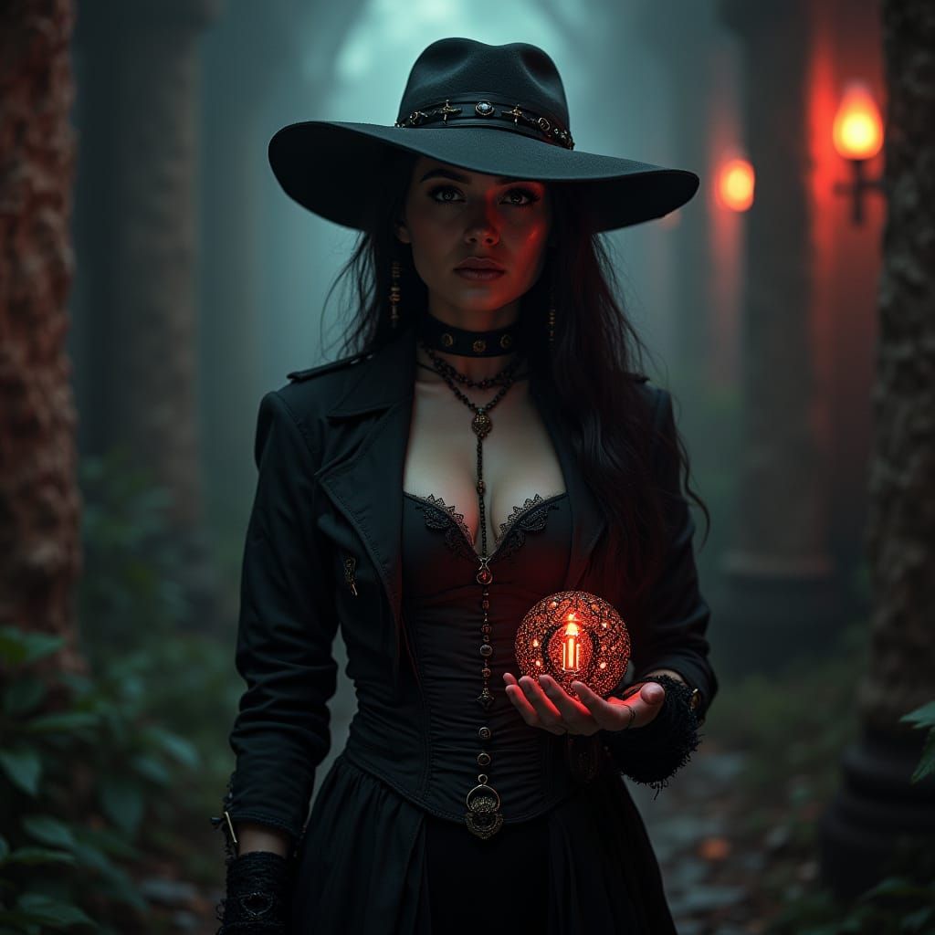 Elegant Gothic Woman with Loot in Dark Atmosphere