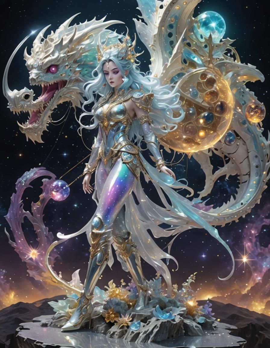 Rainbow Chimera Girl with Metal Skeleton in Space