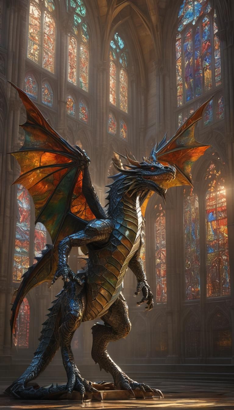 Stained Glass Dragon Knight in Ornate Hall
