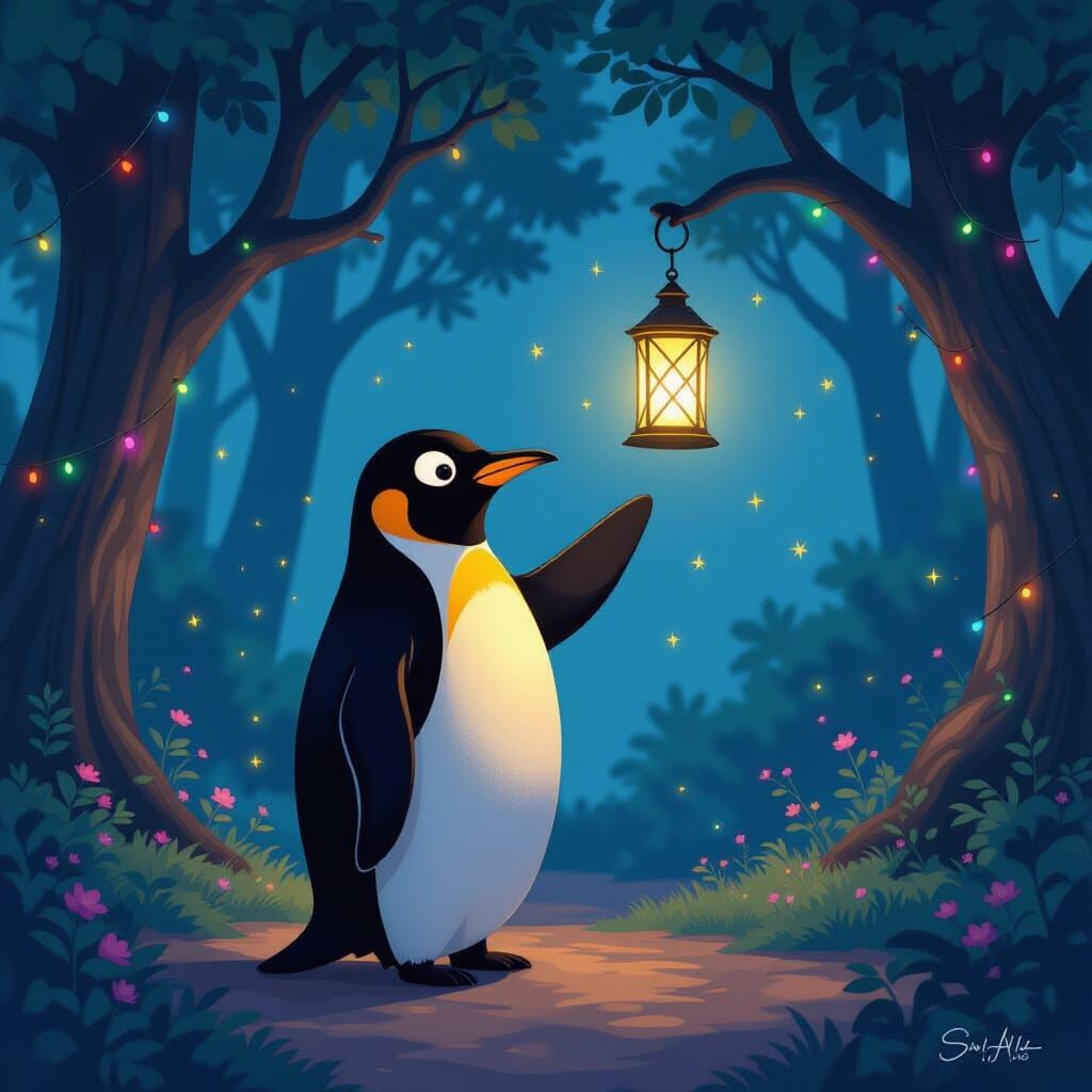 Penguin with Lantern in Enchanted Forest