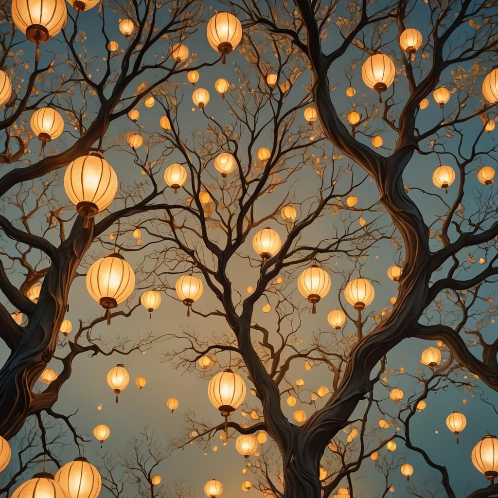 Dreamlike Surreal Trees with Glowing Lanterns